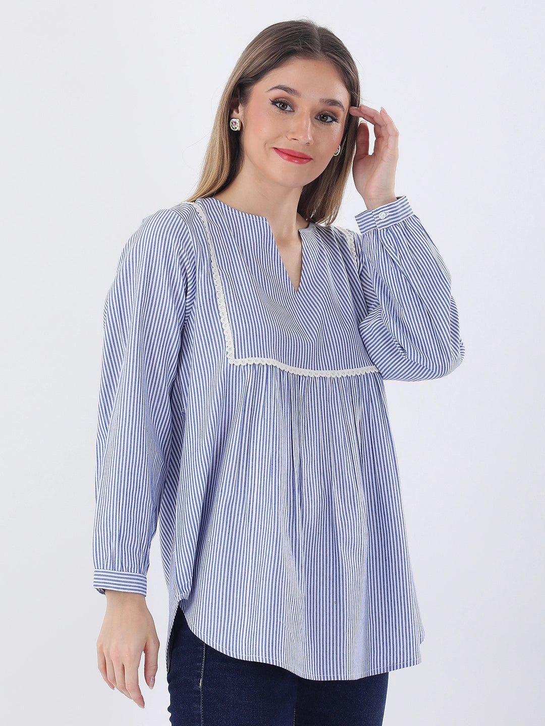 Cotton striped empire top with lace detailing