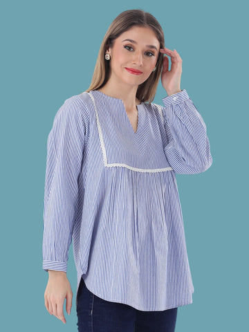 Cotton striped empire top with lace detailing