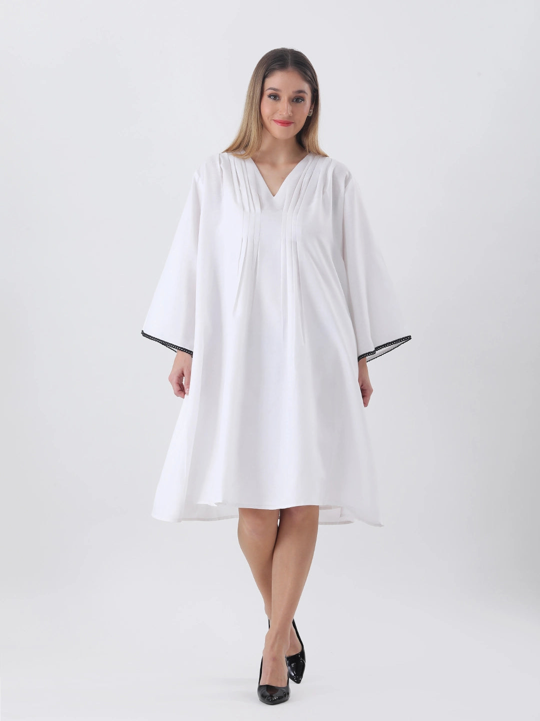White cotton pleated pintuck tunic dress