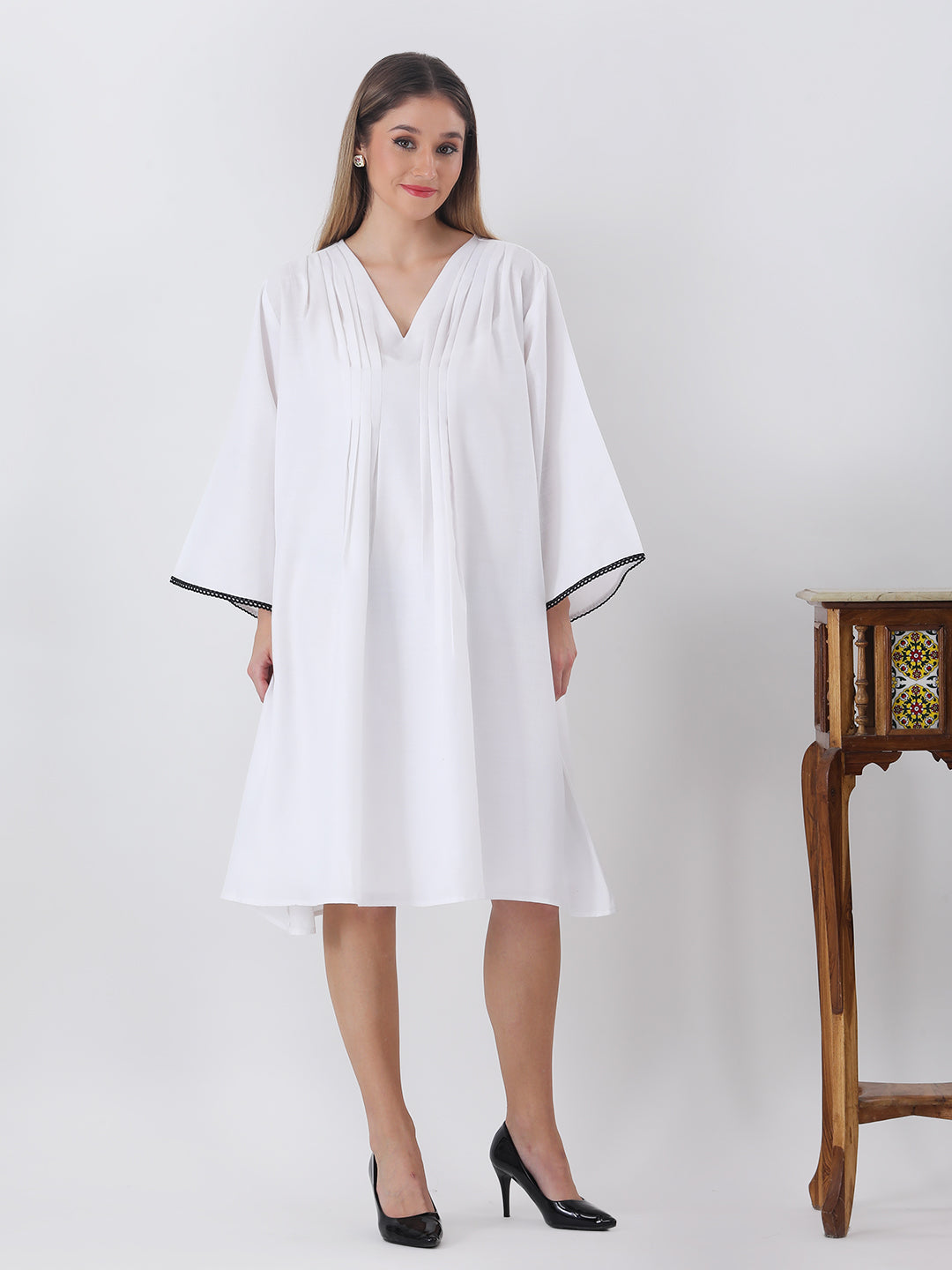 White cotton pleated pintuck tunic dress