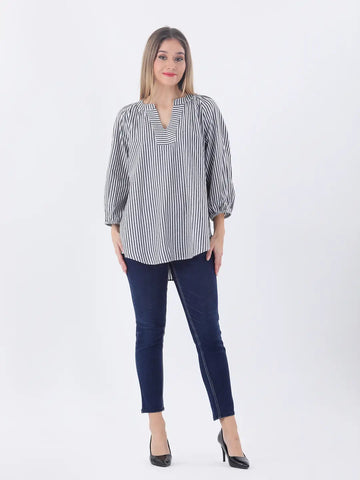 Cotton grey striped notched neckline top