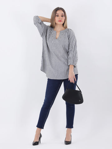 Cotton grey striped notched neckline top