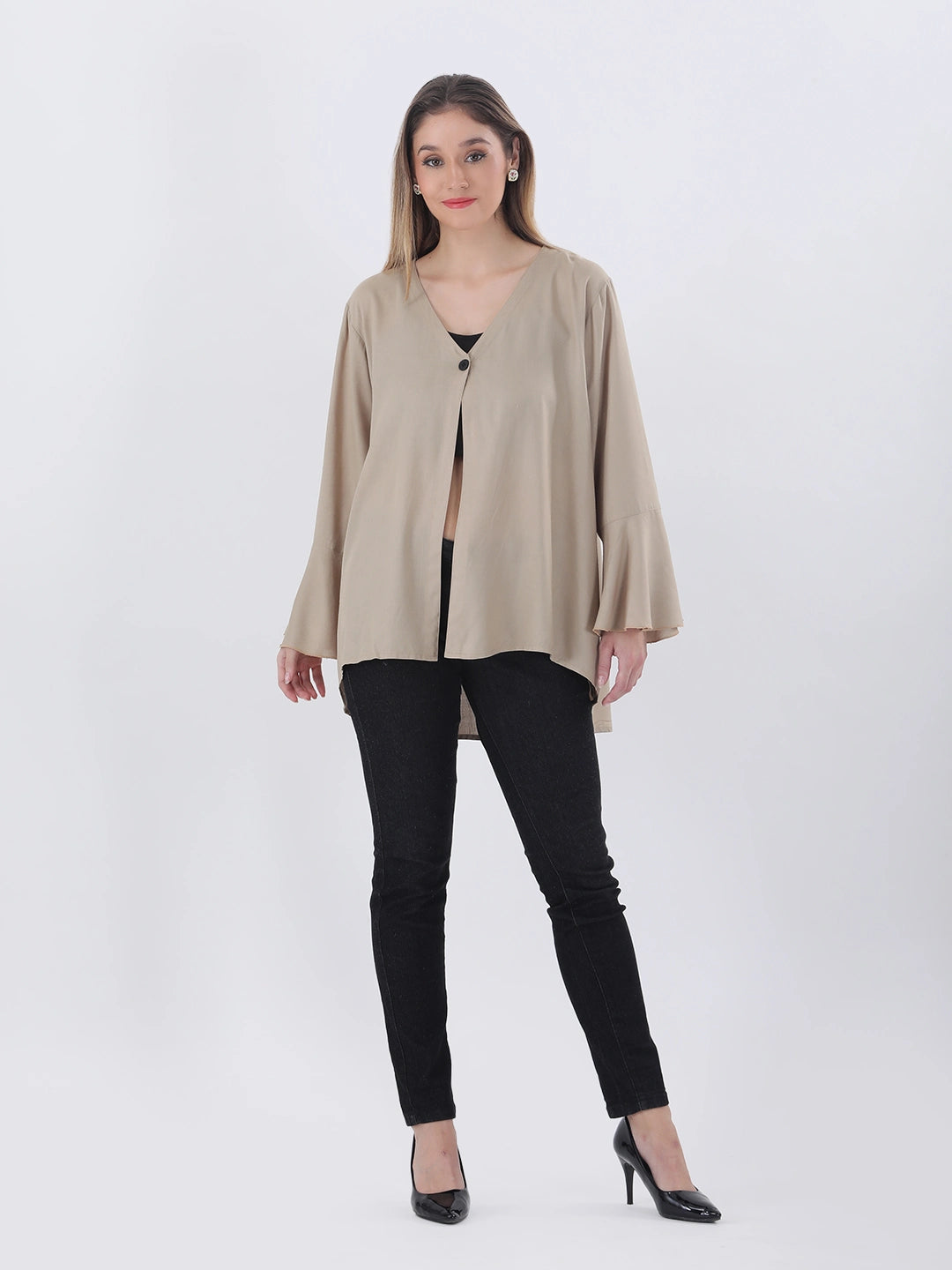 Solid rayon relaxed fit top with a single button closure