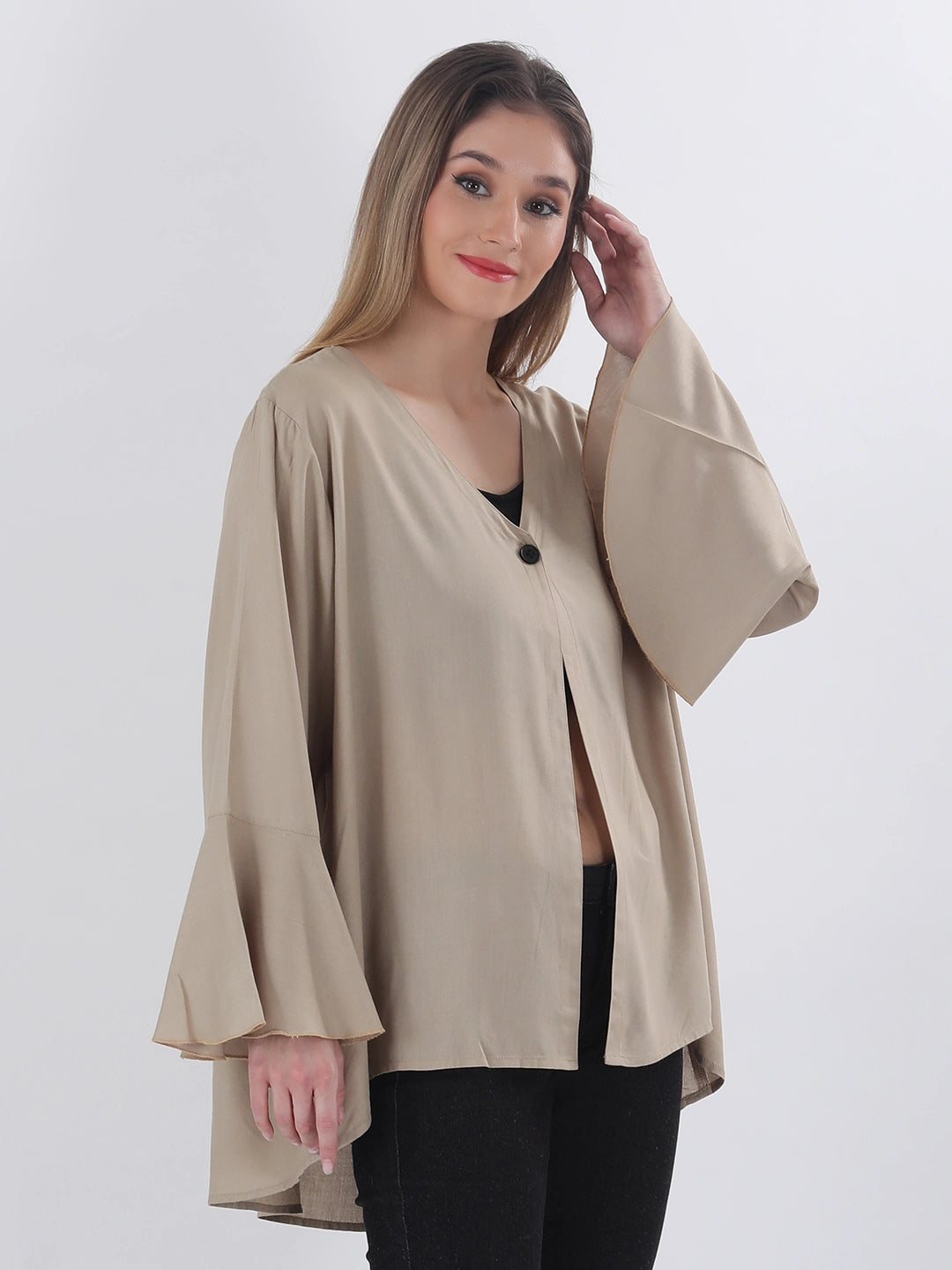Solid rayon relaxed fit top with a single button closure