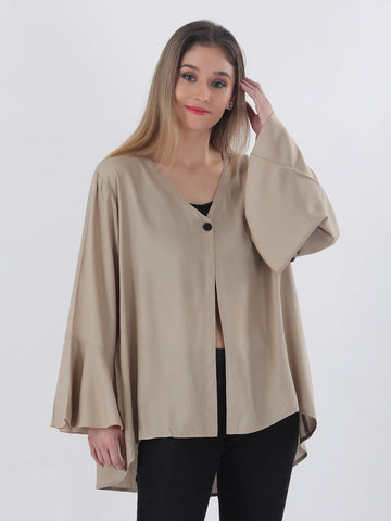 Solid rayon relaxed fit top with a single button closure