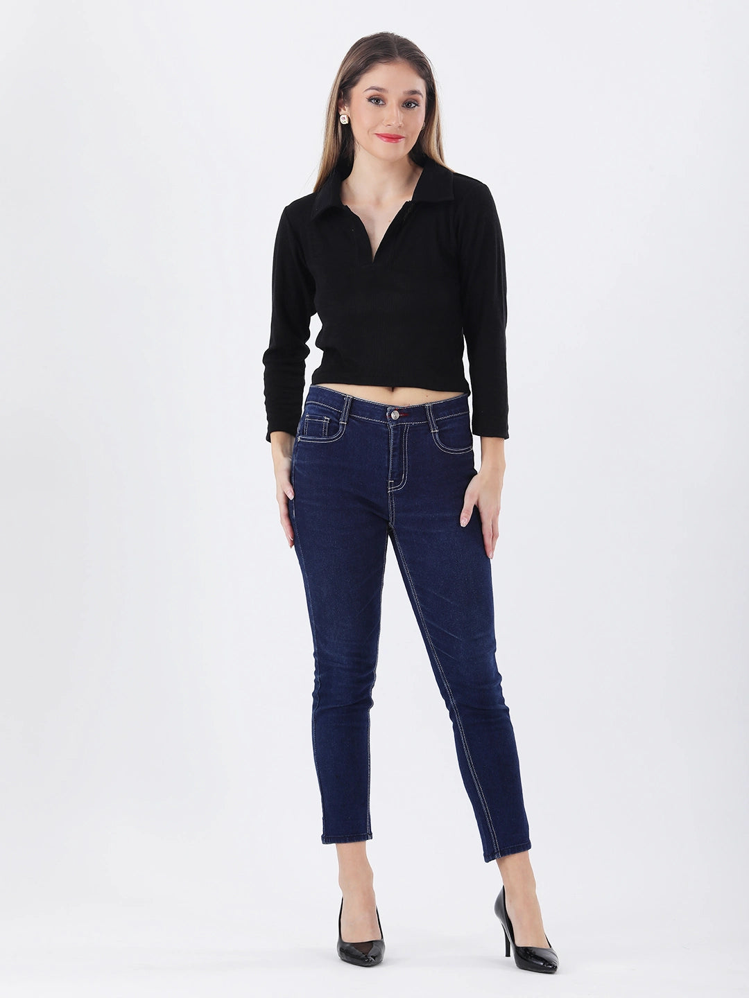 Black rib collared neck crop top