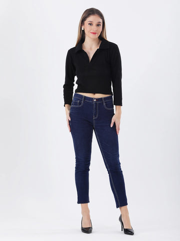 Black rib collared neck crop top