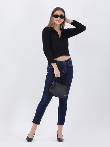 Black rib collared neck crop top