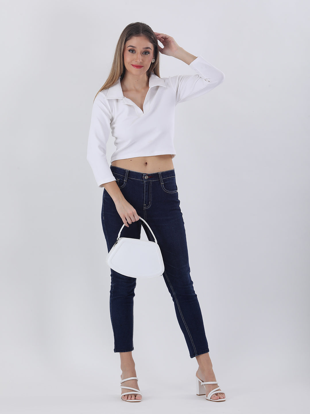 White lycra collared neck crop top