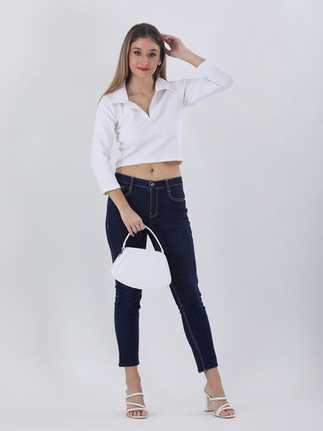 White lycra collared neck crop top