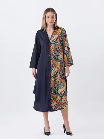 Face print color block shirt dress
