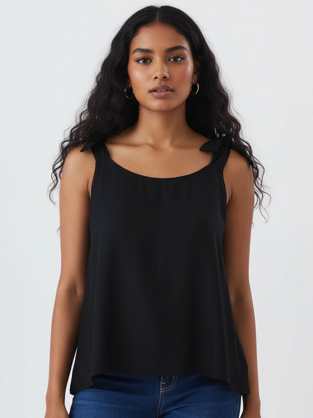 Rayon black bow strap top