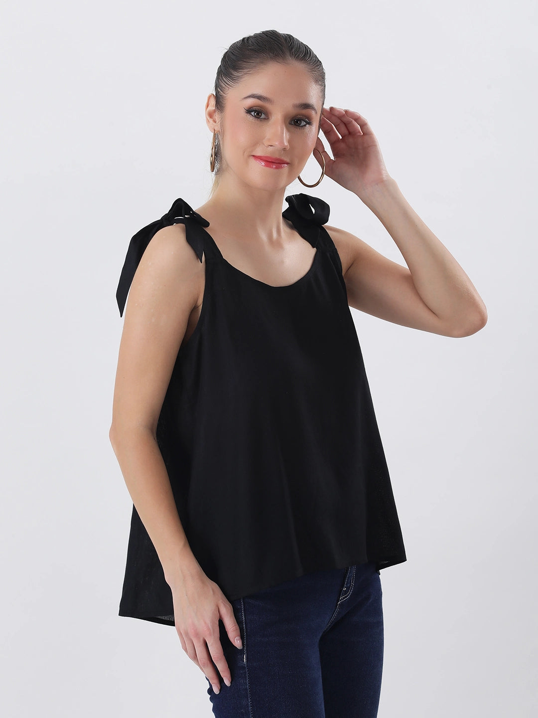 Rayon black bow strap top