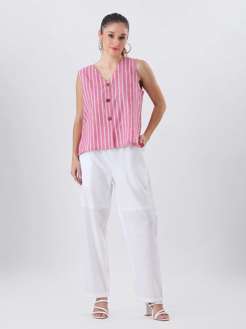 Pink and white linen vest top
