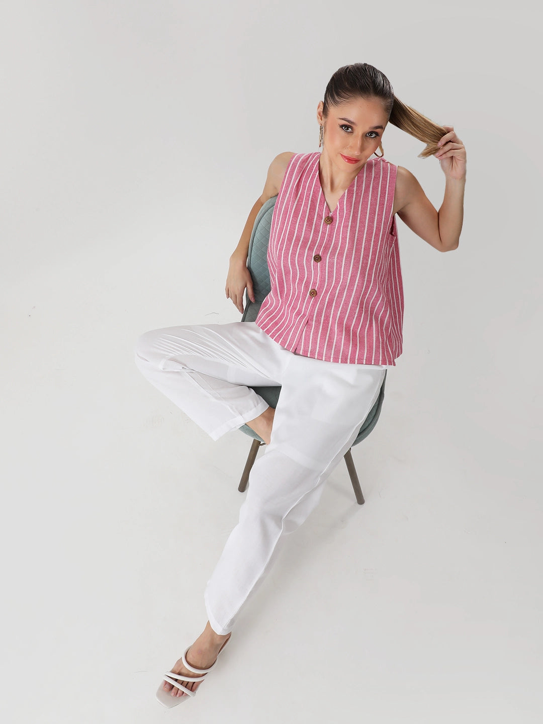 Pink and white linen vest top