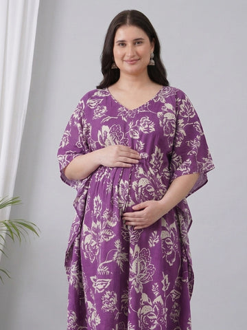 Purple cotton floral printed long kaftan