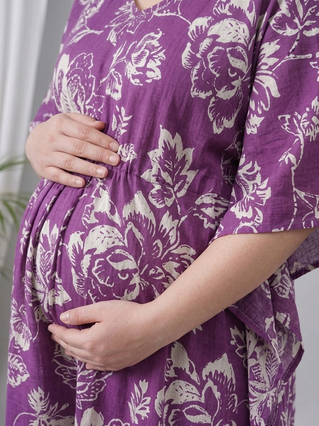 Purple cotton floral printed long kaftan