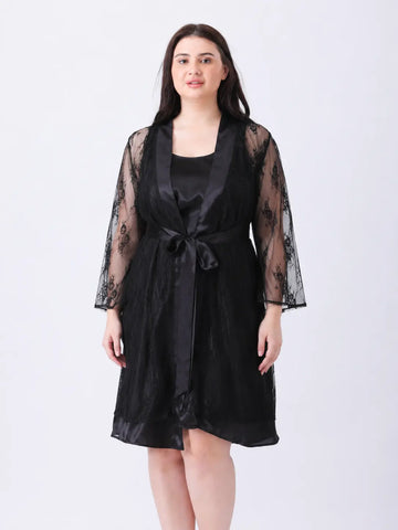 Black sheer robe with waist tie-up