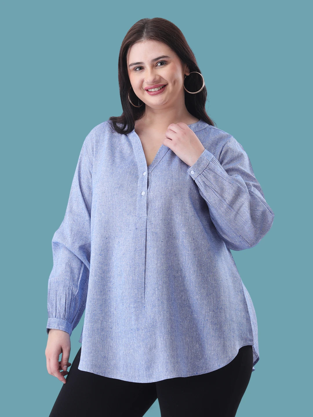 Blue linen mandarin collar shirt