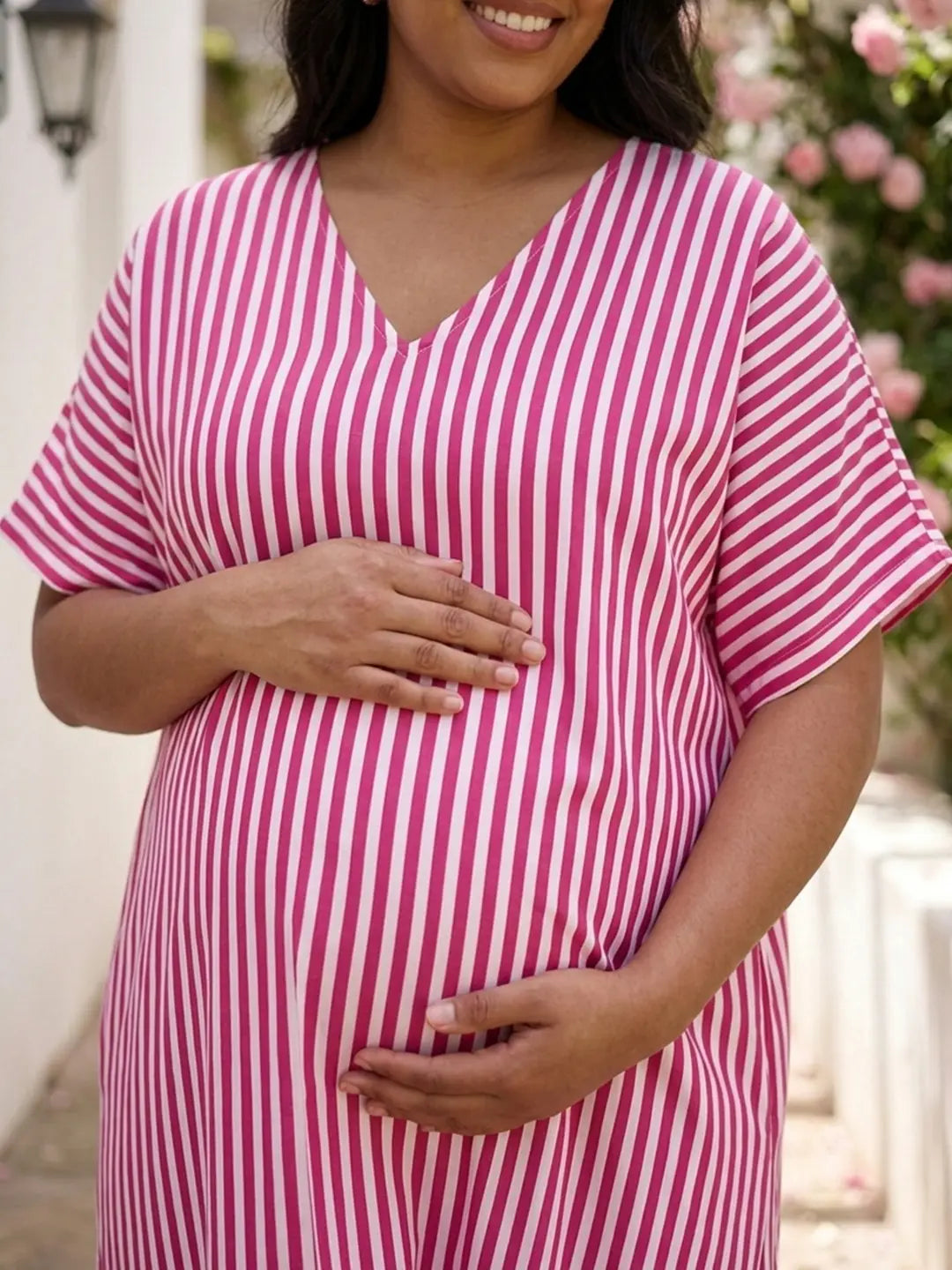 Pink stripe loose fit dress with front slit