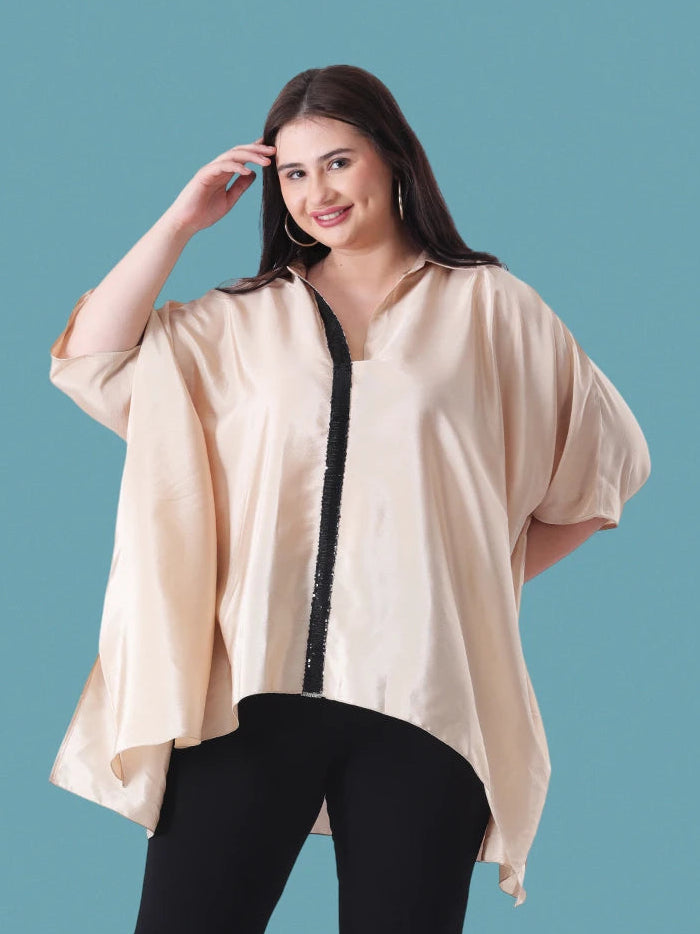 Beige kaftan shirt with sequence detailing in placket