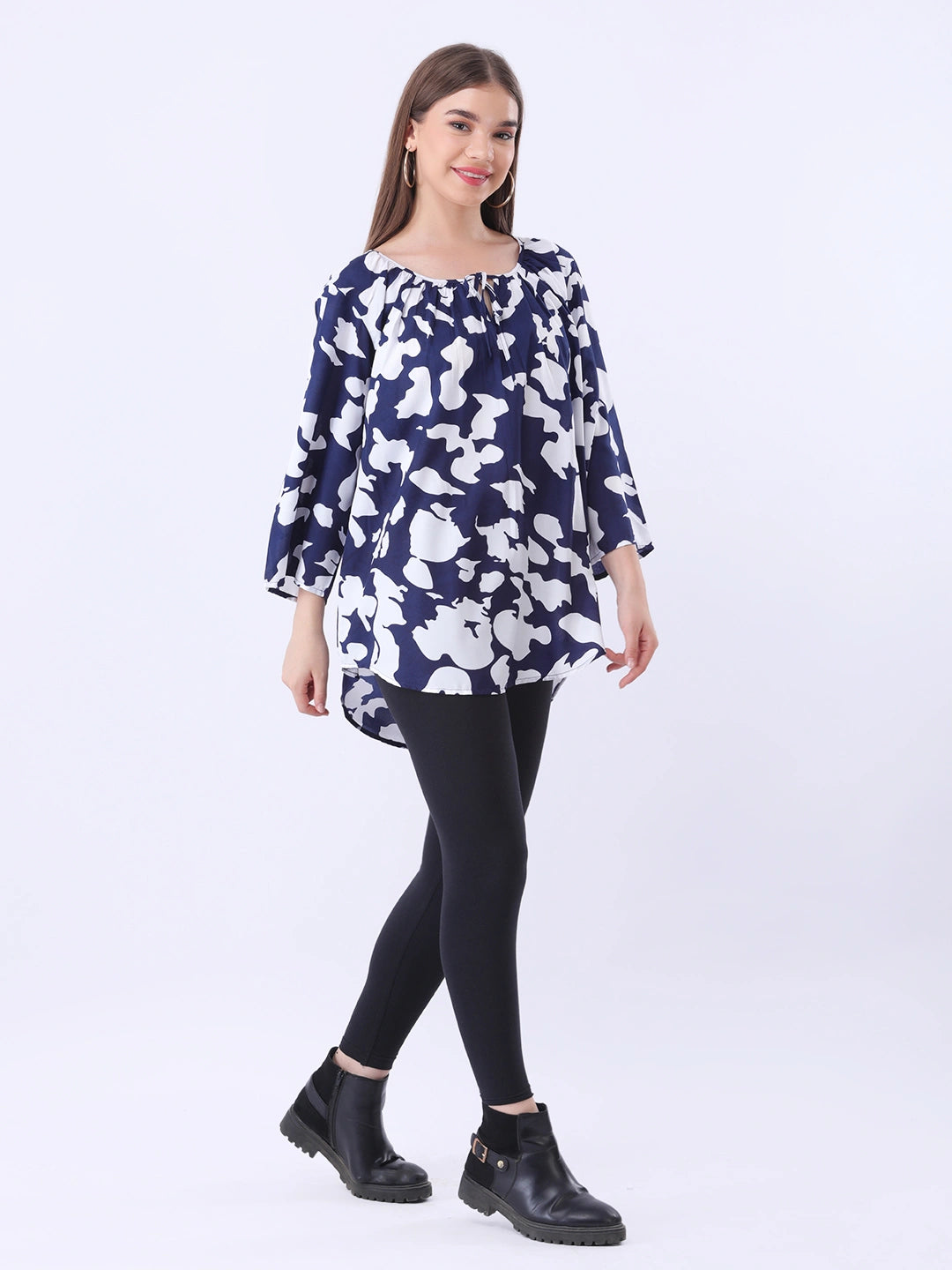 Printed gathered tie-neck top