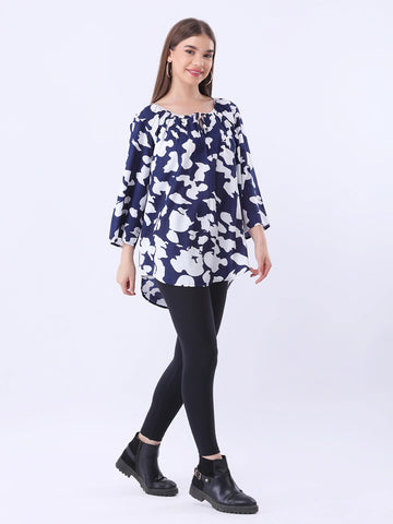 Printed gathered tie-neck top