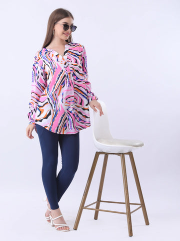 Abstract print mandarin collar shirt