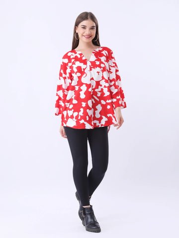 Printed notch neck pleated crepe top