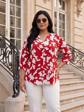 Printed notch neck pleated crepe top