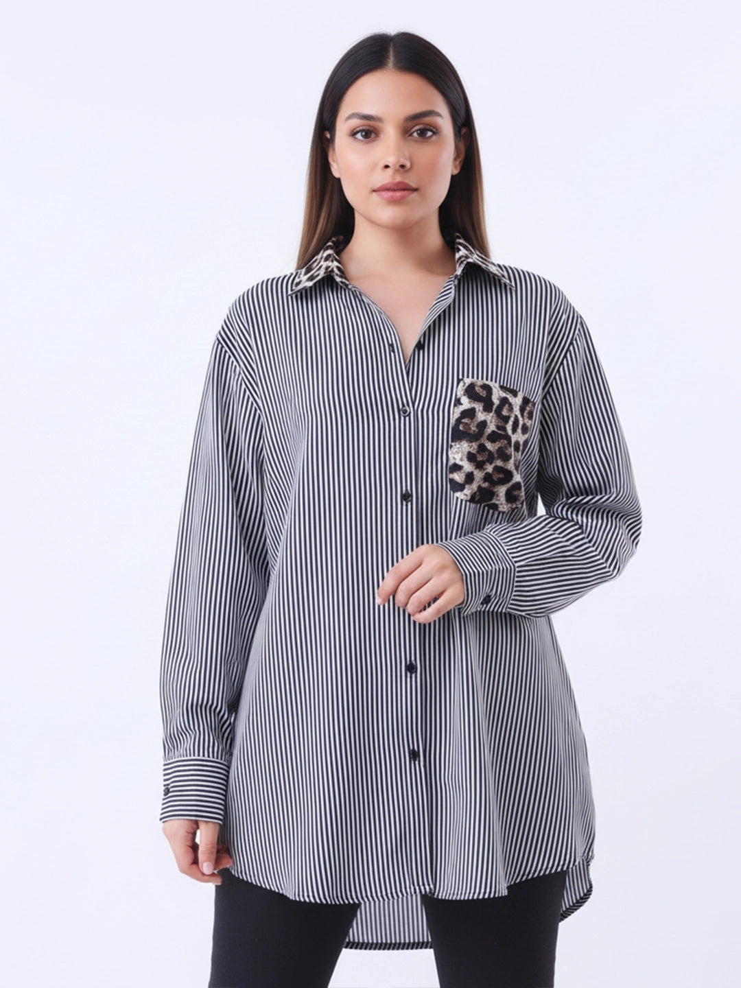 Navy stripe full placket shirt with printed pocket & collar