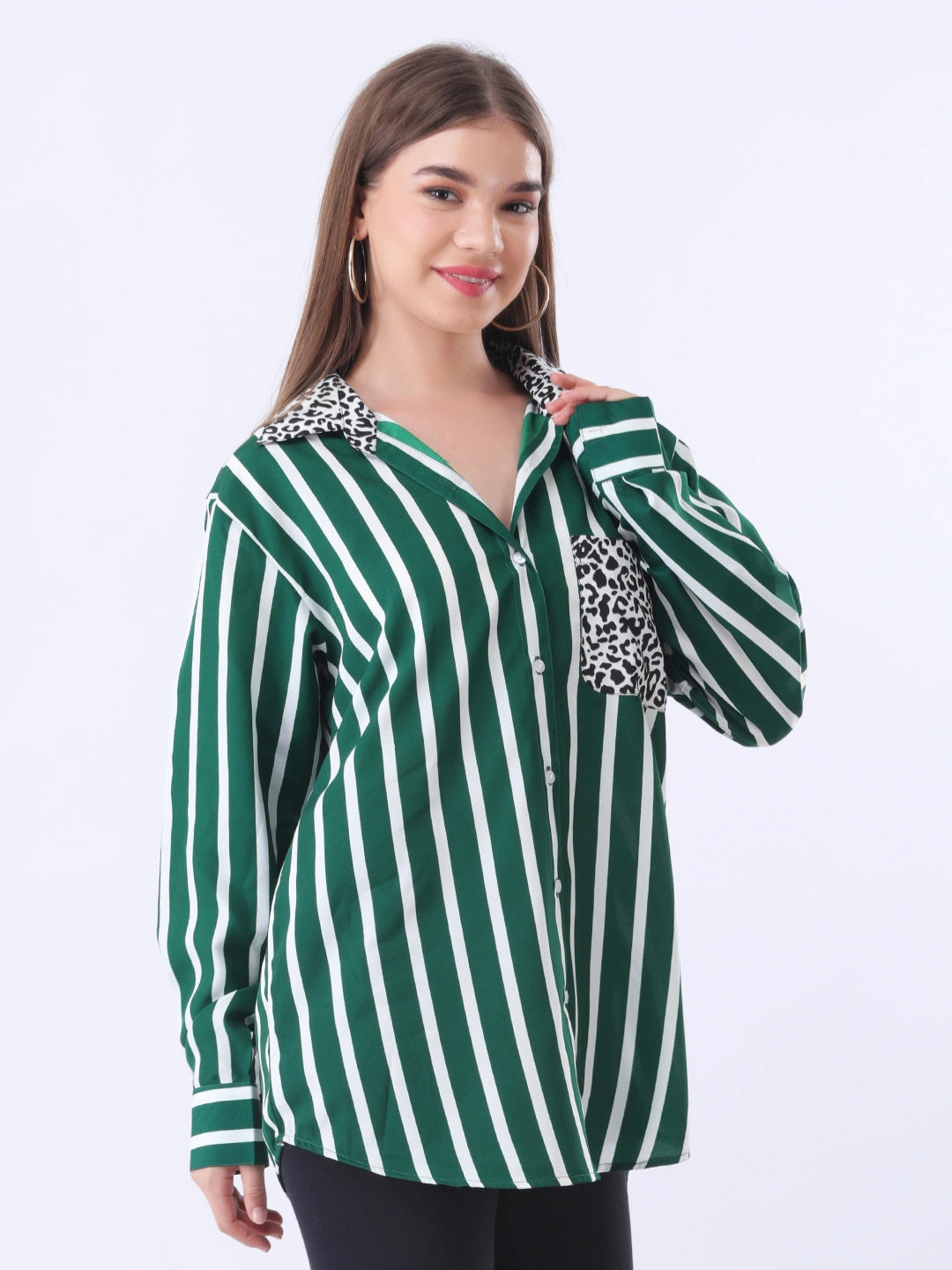 Green stripe full placket shirt with printed pocket & collar