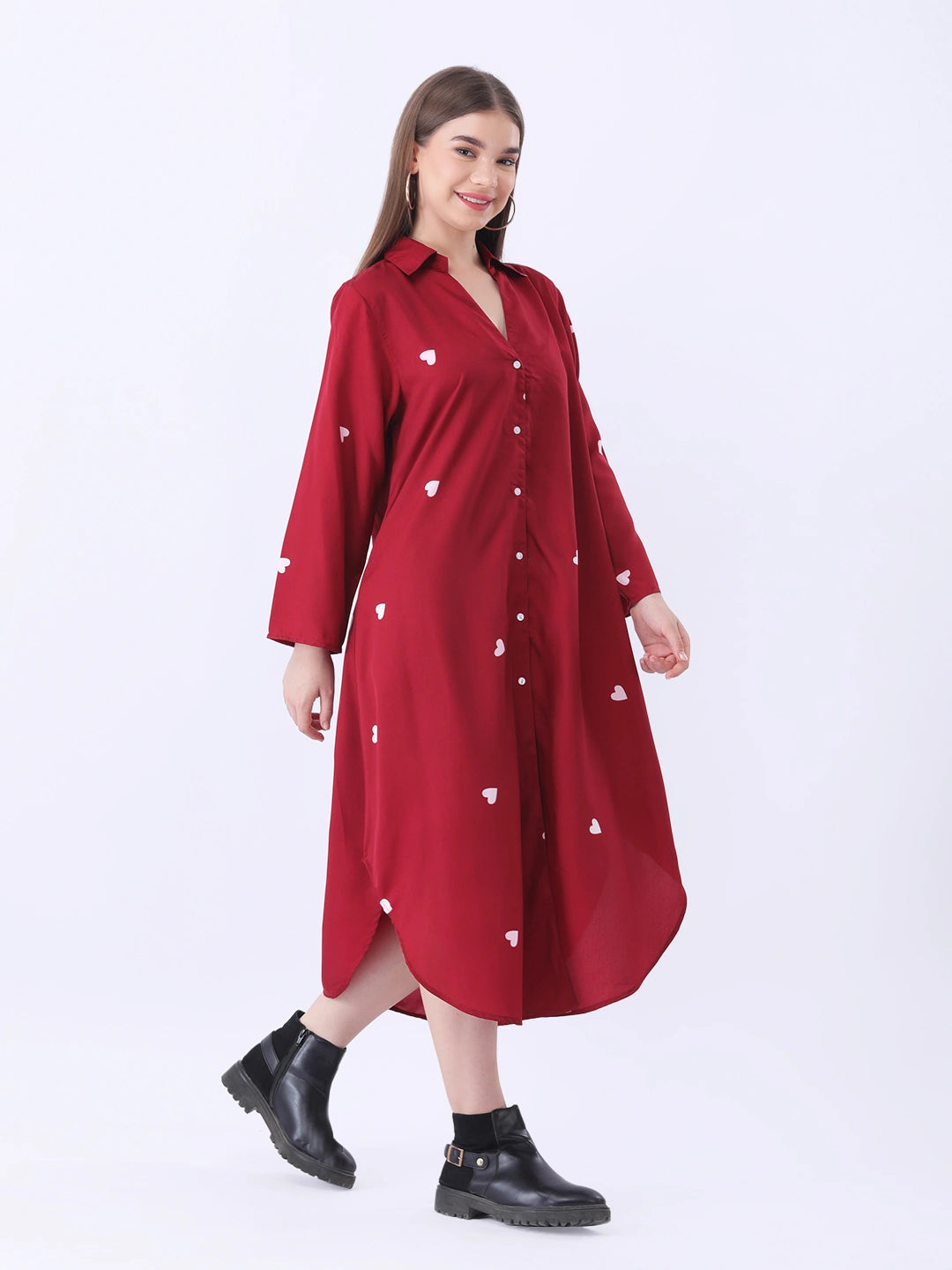 Maroon printed shirt dress