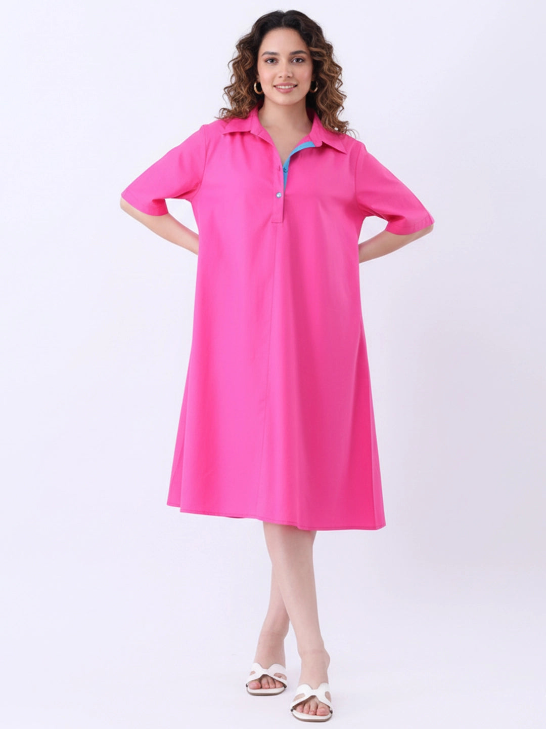 Pink poplin dress with contrast placket