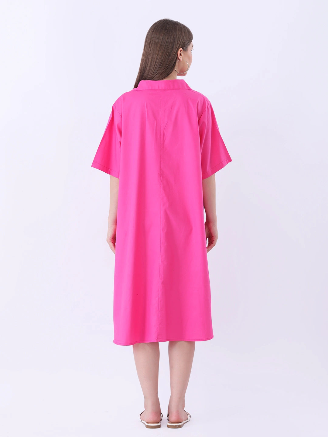 Pink poplin dress with contrast placket
