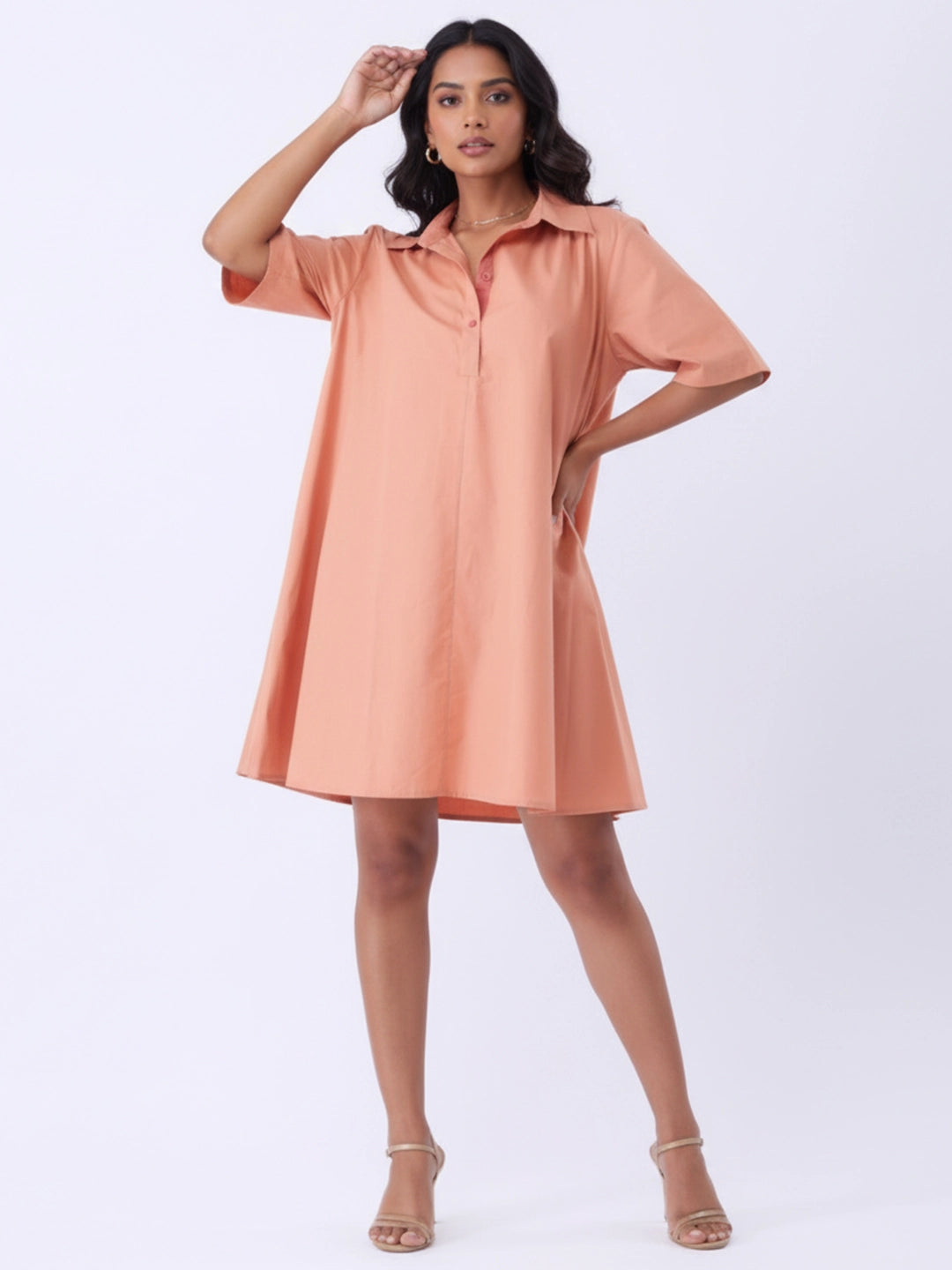 Rust poplin collar dress with contrast inner placket