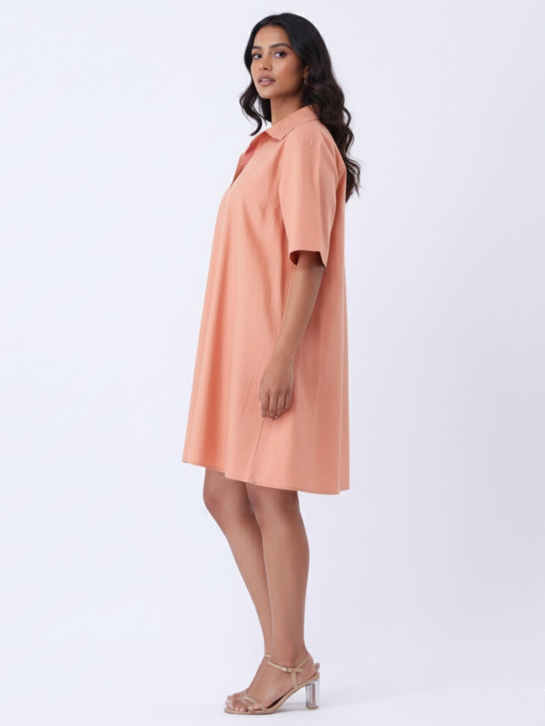 Rust poplin collar dress with contrast inner placket