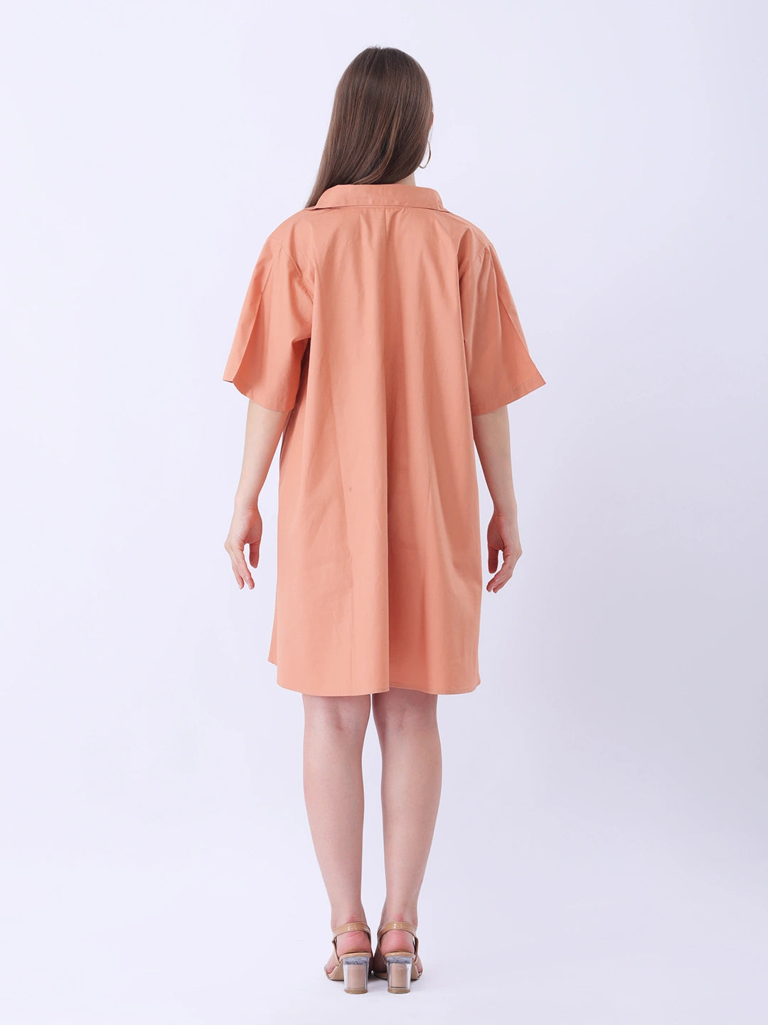 Rust poplin collar dress with contrast inner placket