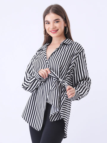 Black & white stripe wrap around shirt
