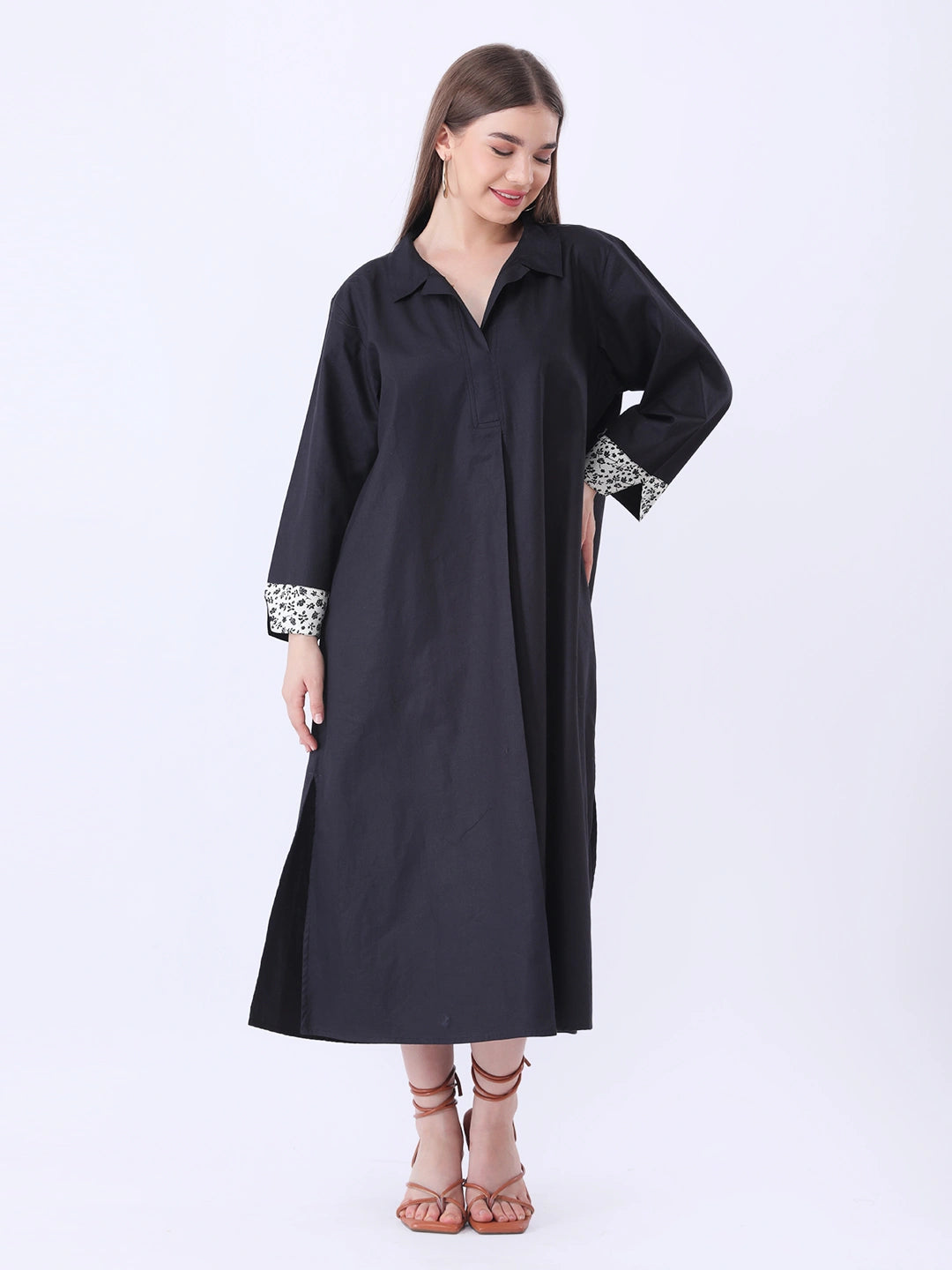 Solid Polplin Dress with printed cuff detailing in sleeve