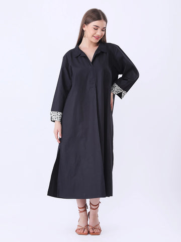 Solid Polplin Dress with printed cuff detailing in sleeve