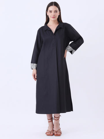 Solid Polplin Dress with printed cuff detailing in sleeve