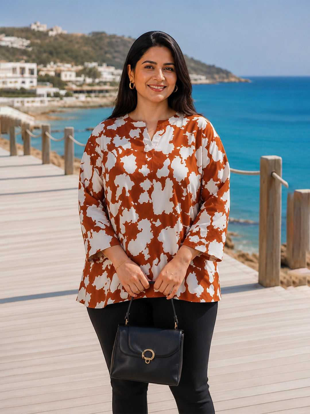 brown abstract crepe top for women in sizes XXS to 5XL