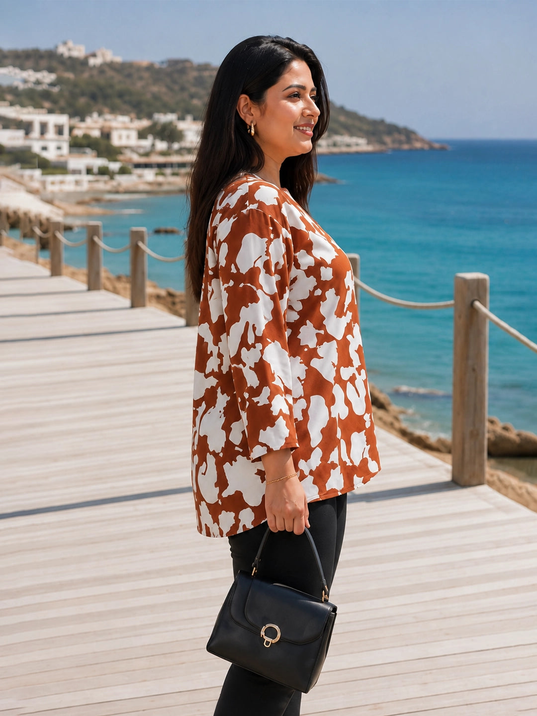 brown abstract crepe top — back view