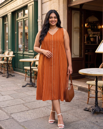 rust polka dots crepe dress for women in sizes XXS to 5XL
