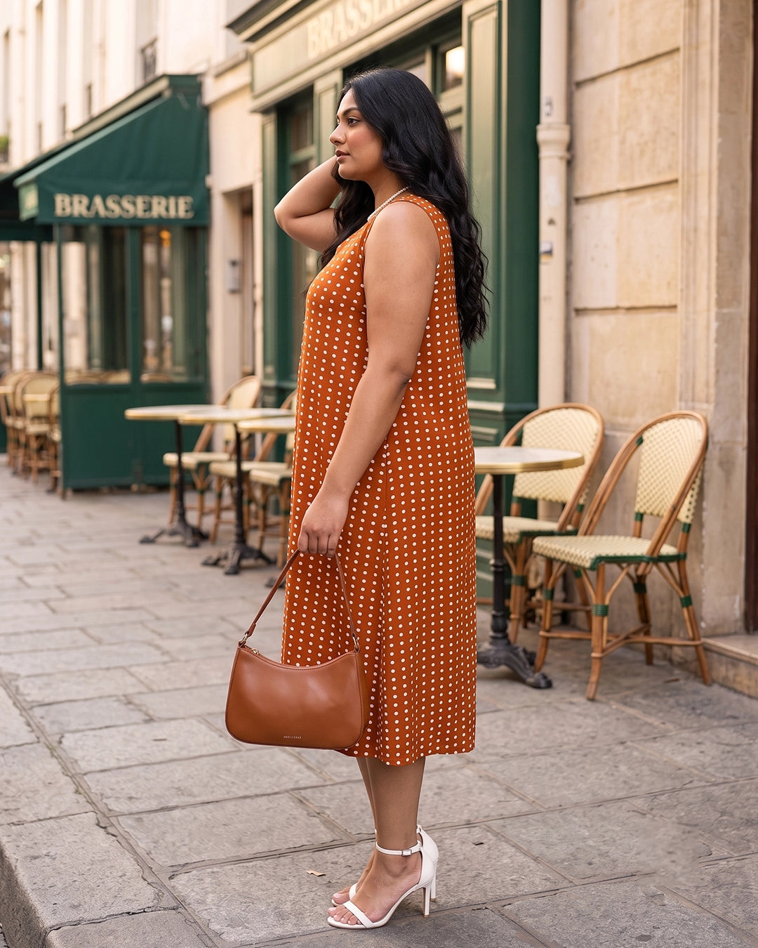 rust polka dots crepe dress — back view