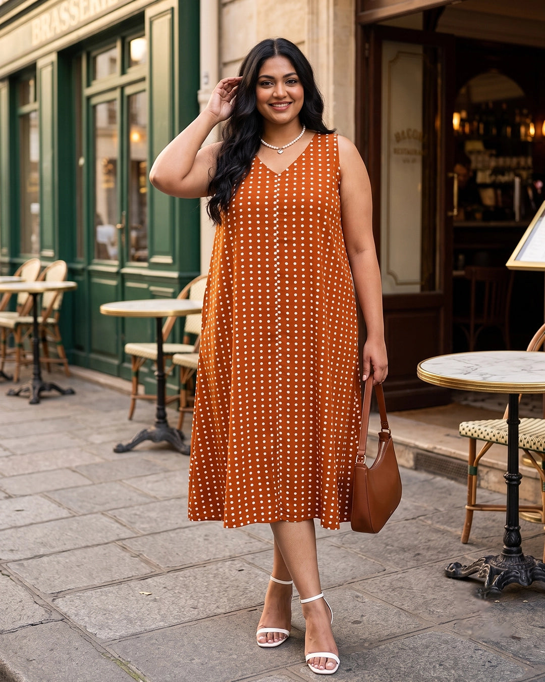 rust polka dots crepe dress — styled look