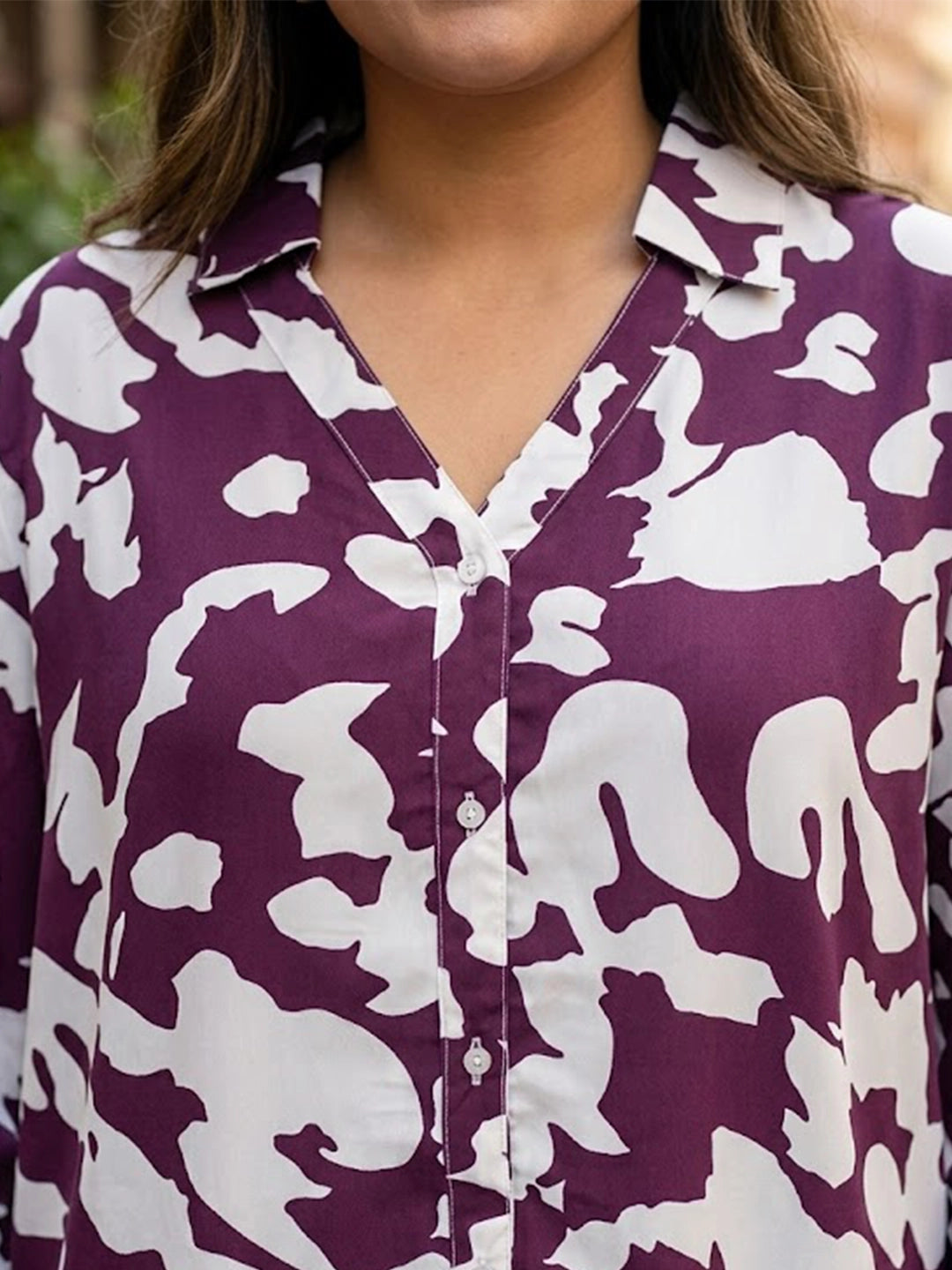 purple abstract crepe shirt — side view