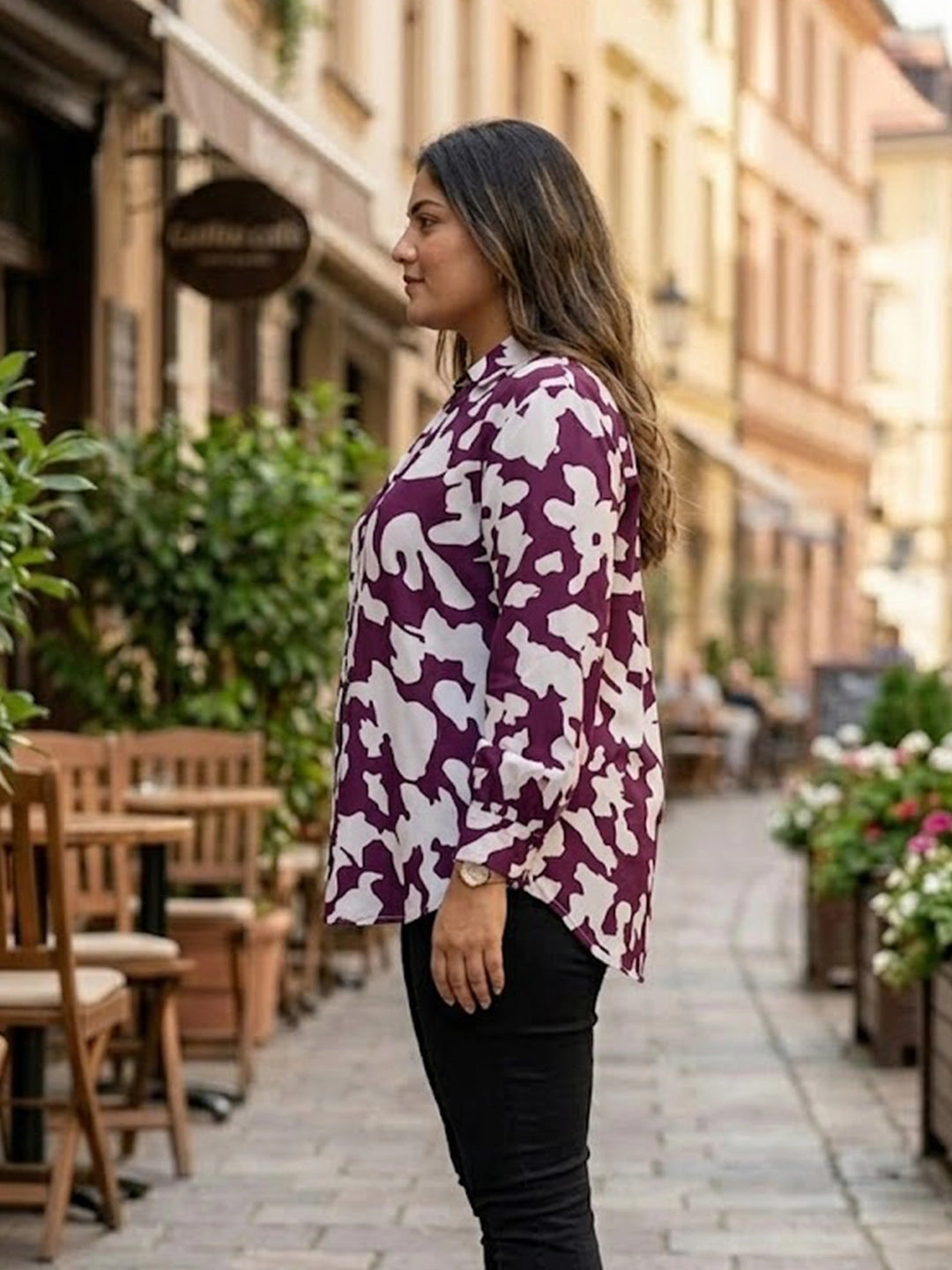 purple abstract crepe shirt — back view