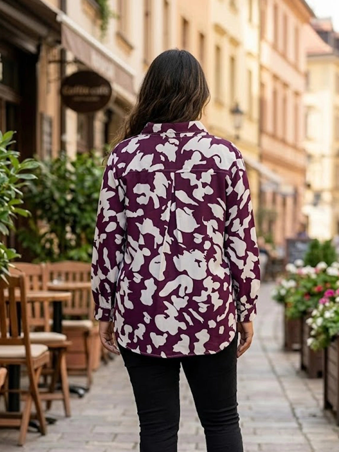 purple abstract crepe shirt — close-up detail